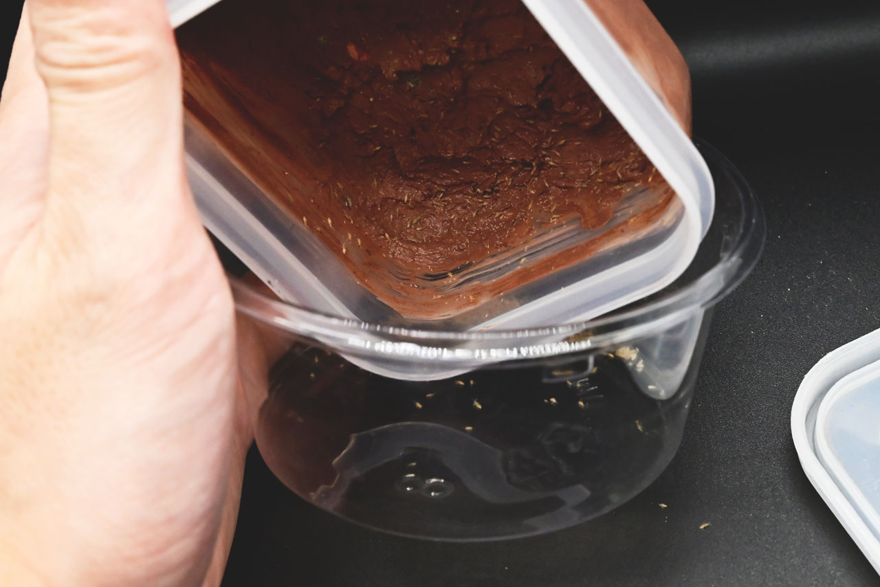 トビムシクレイ容器を、トントンして回収中