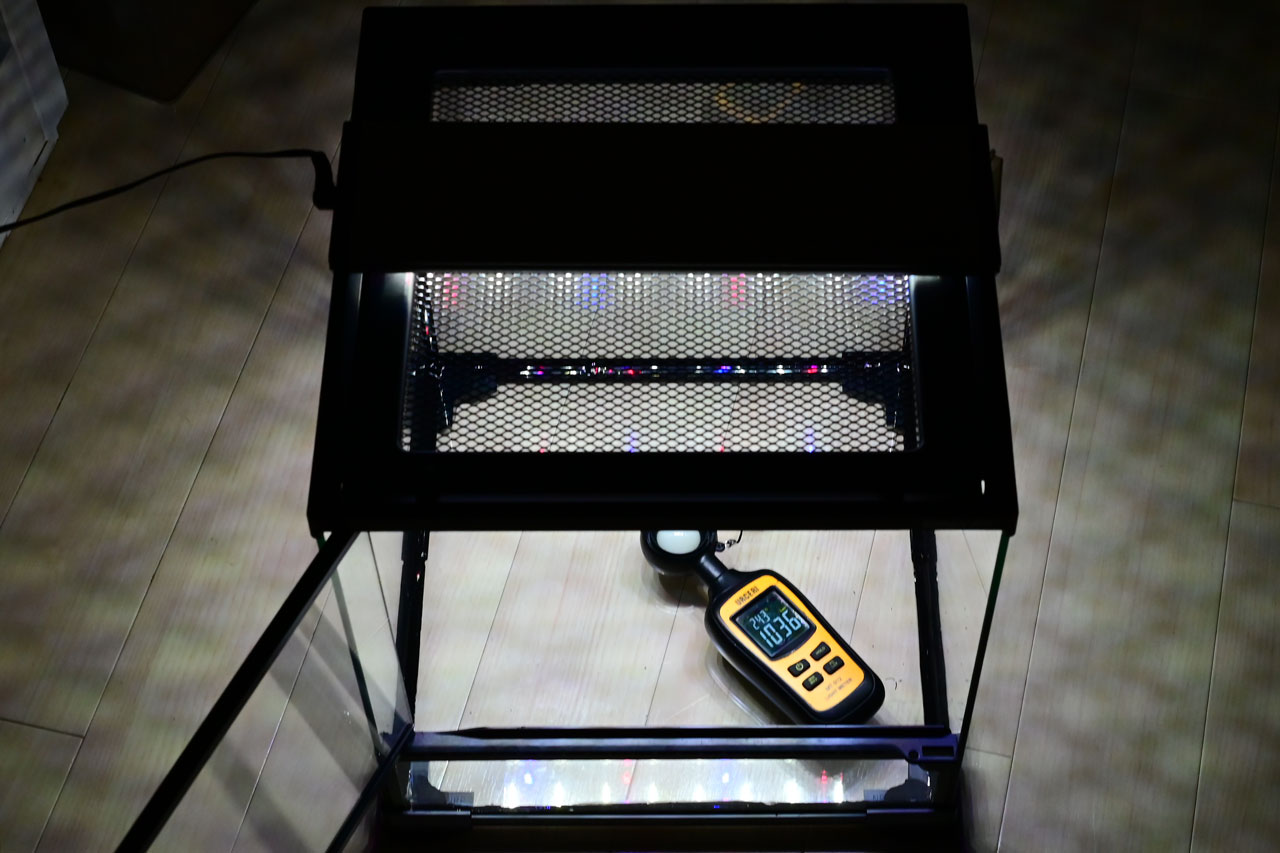 レプタイルガーデン3032、フタによる光の減衰率チェック、蓋あり時のLux1036